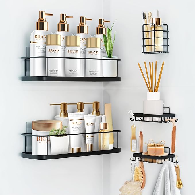 Sben Shower Caddy Adhesive, No Drill Required, 5 Pack, Bathroom Shower Organizers Set with 2 Soap Dishes and Toothbrush Holder, Rustproof Wall-Mounted Storage Shelves for Bathroom (Black)