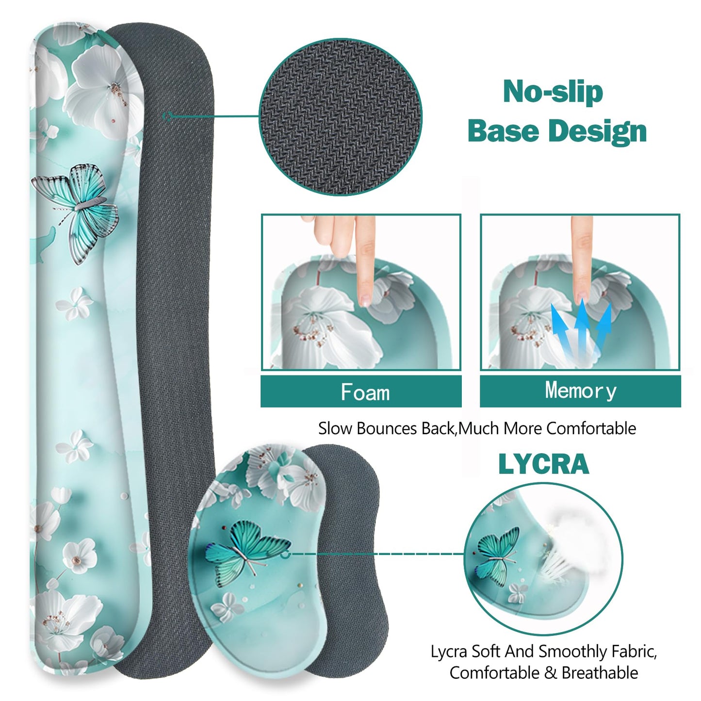 ToLuLu Large Mouse Pad Desk Pad Set, Wrist Rest Support Desk Mat for Keyboard and Mouse, 4PCS 35.4”x15.7 XXL Giant Mouse Pad, Non-Slip Base Stitched Edges Mousepad for Home Office, Teal Butterfly