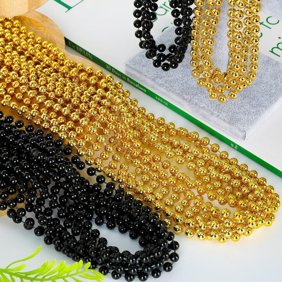 144PCS New Years Eve Bead Necklace, Black Gold Bead Necklace Party Supplies, 33" New Years Eve Necklaces Costume Set, Festival Parade Throw for Mardi Gras New Years Celebrations Decorations