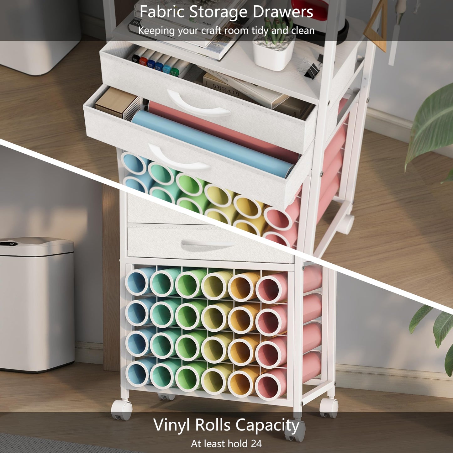 VENNQD Organizer and Storage Stand Compatible with Cricut Machines,Rolling Storage Cart/Shelf with 24 Vinyl Roll Holders，2 Fabric Drawer,Accessories Holder,Tool Hook for Craft Room Home (white)