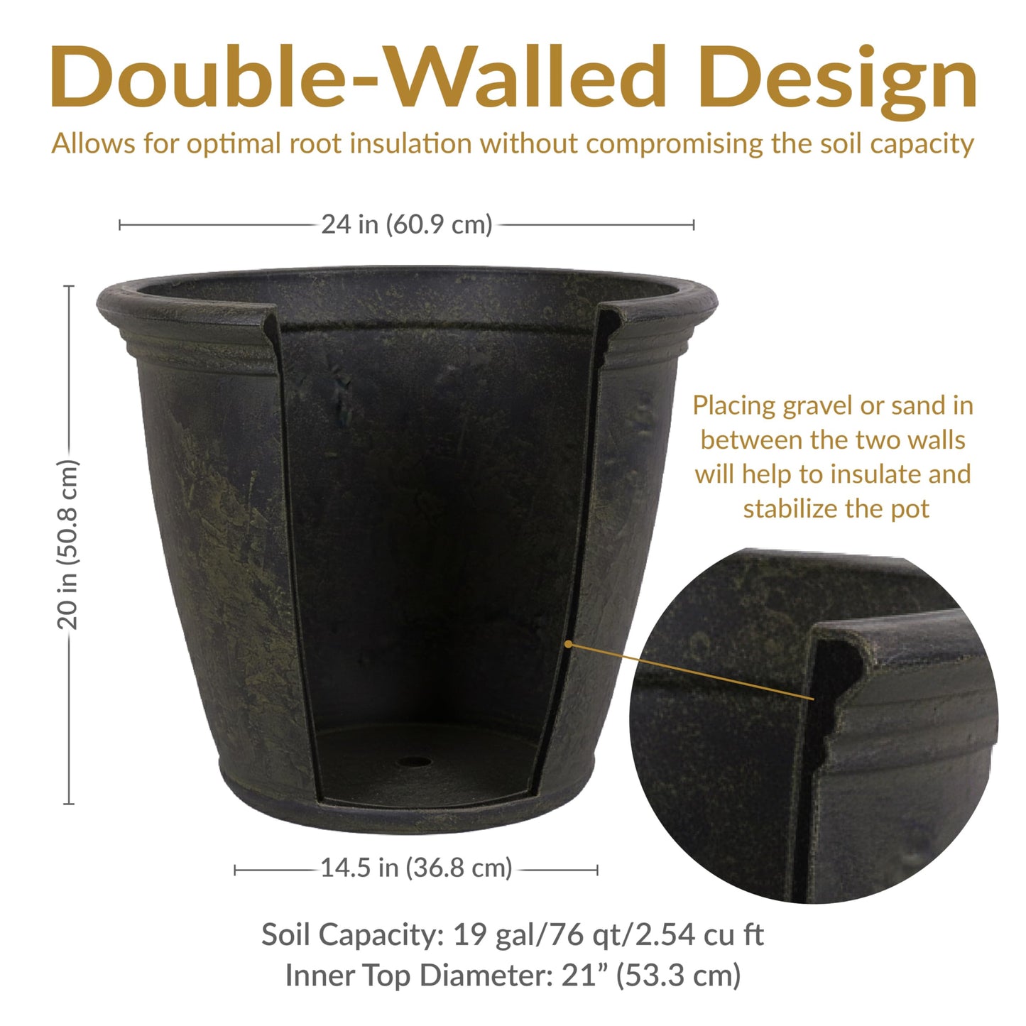 Sunnydaze 24-Inch Anjelica Large Plastic Pot for Plants - Outdoor Double-Walled Large Plastic Planter with Drillable Drainage Holes - Sable