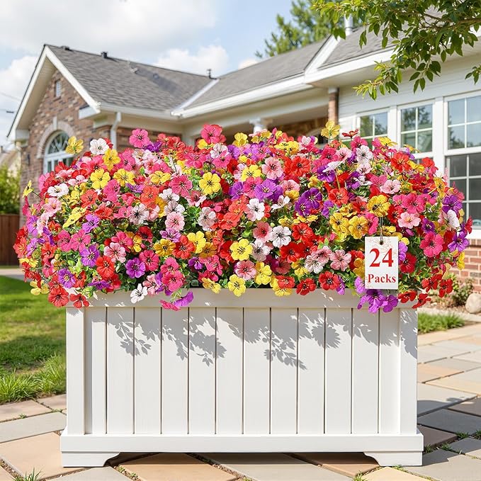 Alupssuc 24 Bundles Artificial Flowers for Outdoors Decoration, UV Resistant Silk Faux Daisy Flora Spring Fake Plastic Plants Greenery for Outside Indoor Yard Home Porch Window Box Decor, Mix 6 Colors