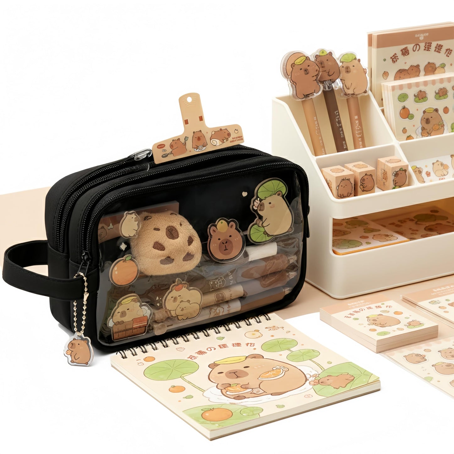 IN Chenthy Kawaii Capybara Pencil Case Kit with Plush +Notepad+Pendant+Stickers+Binder clips+Diary Clip+Pens, 5-Layer Large Capacity Capybara Stationery Set Gifts for Office, Makeup. (Black)