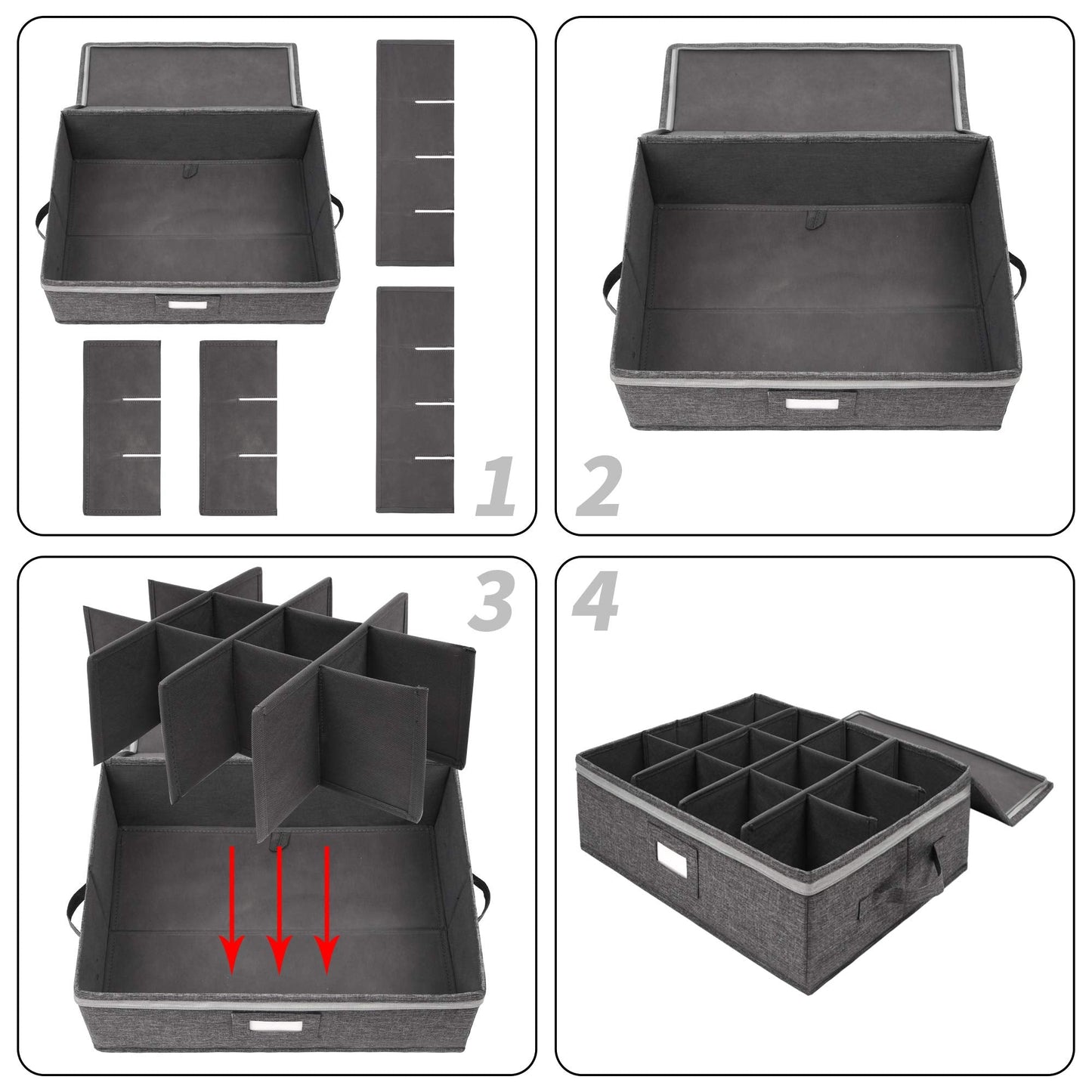 popoly Mug Storage Box with dividers, China Coffee Cup Storage Containers with Zipper Lid and Rivet Reinforced Handles, Holds 12 Coffee Mugs and Tea Cups, Structured Top and Stackable (Grey)
