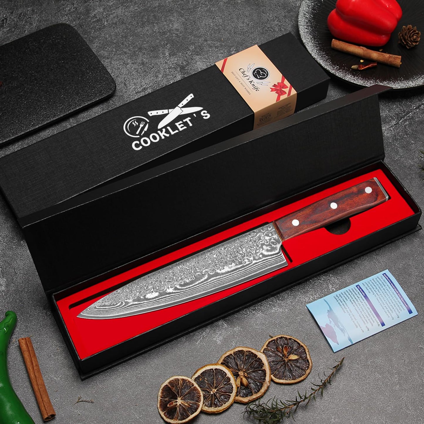COOKLET'S Chef Knife, 8 Inch Professional VG10 Damascus High Carbon Stainless Steel Ultra Sharp Chef Knife, Vegetable Meat Kitchen Cooking Knife, G10 Ergonomic Color Wooden Handle with Luxury Gift Box