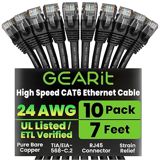 GEARit Cat 6 Ethernet Cable Pack - 10-Pack 7 ft Cat6 Ethernet Patch Cables | RJ45 Network Patch Cable, 10 Gbps Snagless Gold-Plated Connectors - Ethernet Cable Cat 6 for PC, TV, Router - Black