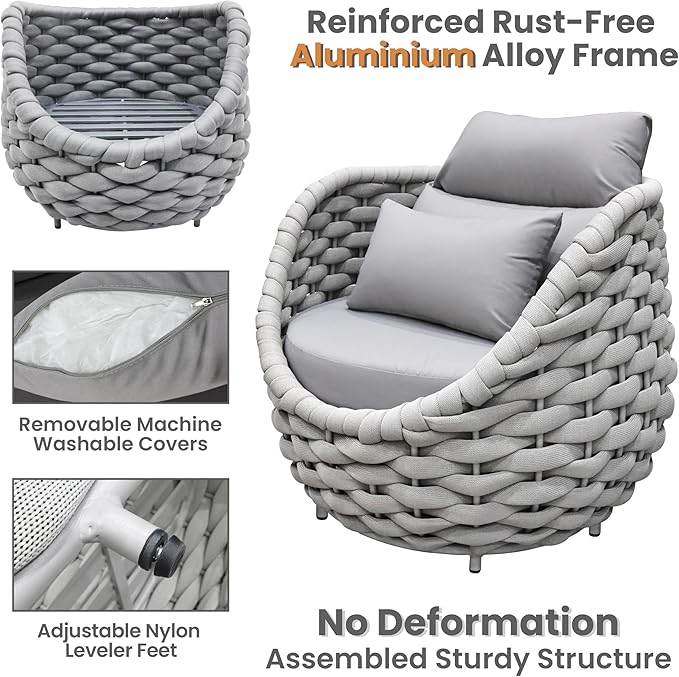 Front Porch Furniture Set: 3 Pieces Aluminum Patio Conversation Sofa Set for 2 - All Weather Woven Rope Outdoor Armchair Set w/Cushions No Assembly for Bistro Pool Yard Balcony Deck Hotel, Gray