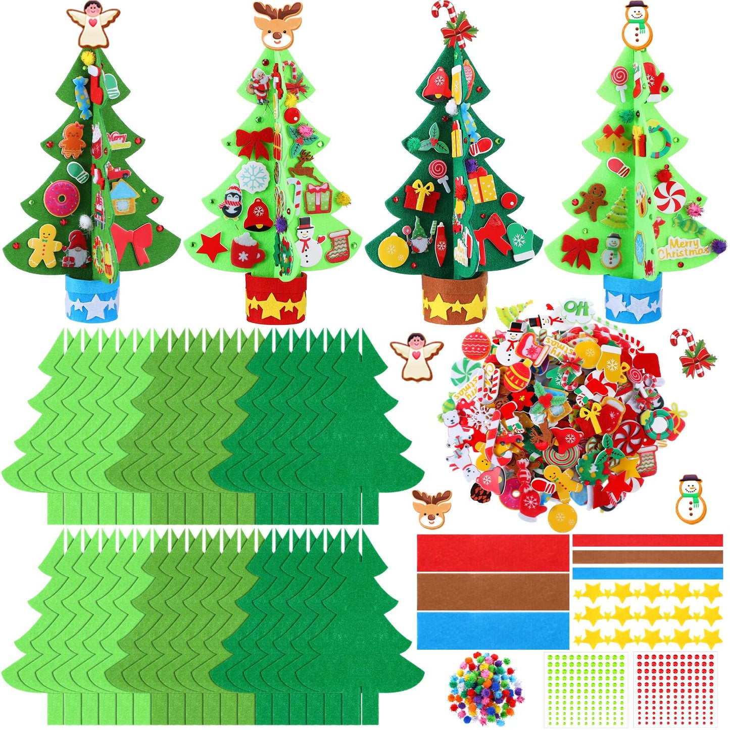 Moucuny 408 Pcs Christmas Tree DIY Craft Kits 3D Christmas Tree Felt Sets Xmas Felt Decorations with Elk Gingerbread Man Penguin Snowman Candy Wreath Stickers for Party Favors Activities