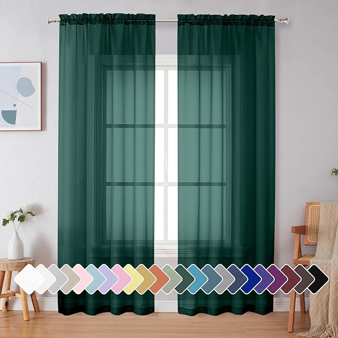 Simplebrand Hunter Green Sheer Curtains 84 Inches Long 2 Panels, Light Filtering Rod Pocket Solid Color Window Sheer Curtain Panels, Elegant Curtains & Drapes for Living Room, Bedroom, 42" W x 84" L