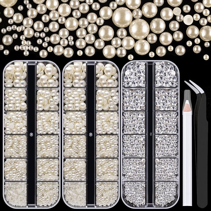 4000PCS Flatback Rhinestones and Half Round Pearls Kit #26, Multi Size Glass Clear Crystals, Plastic Flat Back Beige Dome Bead with Pickup Pencil and Tweezer for Nail Art
