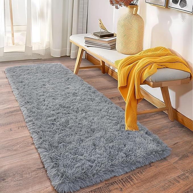 Soft Runner Rugs for Bedroom Hallways, 2x6 Grey Fluffy Shag Throw Area Rug Non Slip for Bedside Dorm, Long Shaggy Furry Carpet for Nursery Living Room