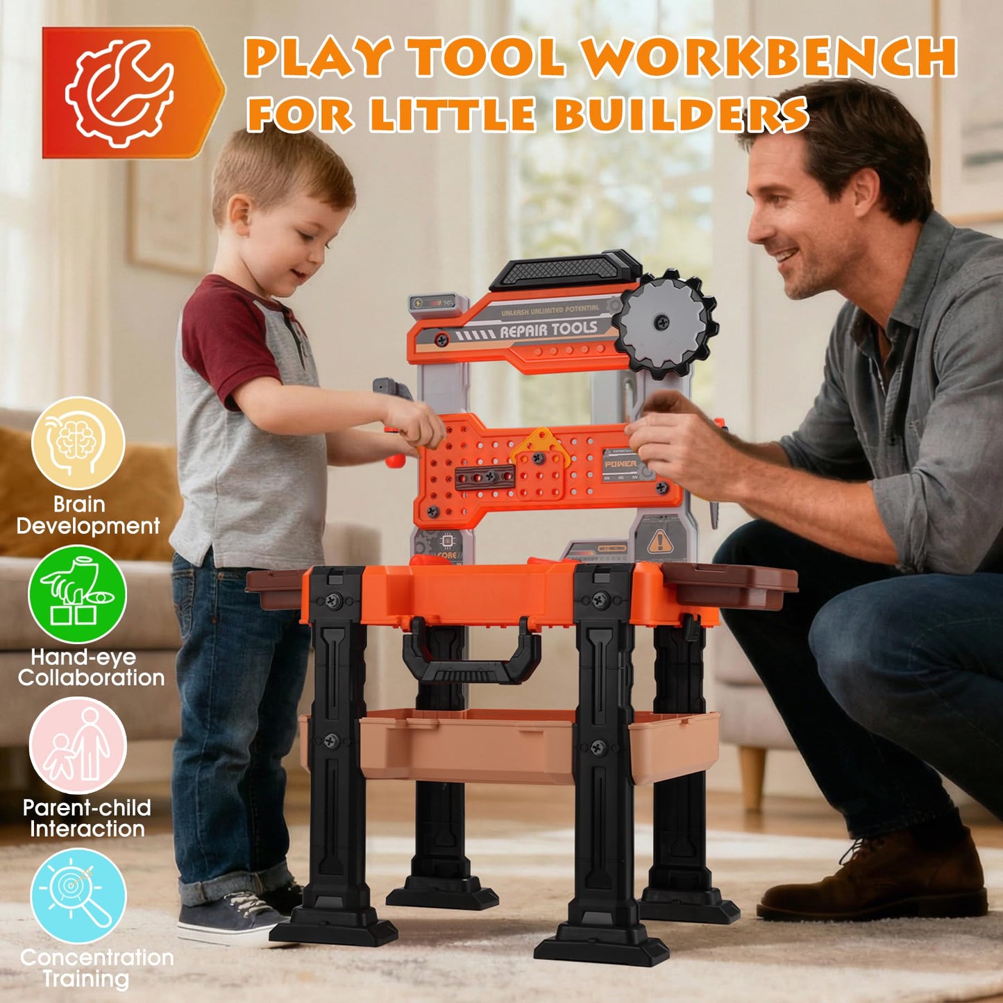 REXBETI Kids Tool Bench with Realistic Electric Drill and Tool Box, Pretend Play Kids Workbench Construction Kits, Toddler Tool Set, Birthday Gifts for Ages 3-8 Years Old