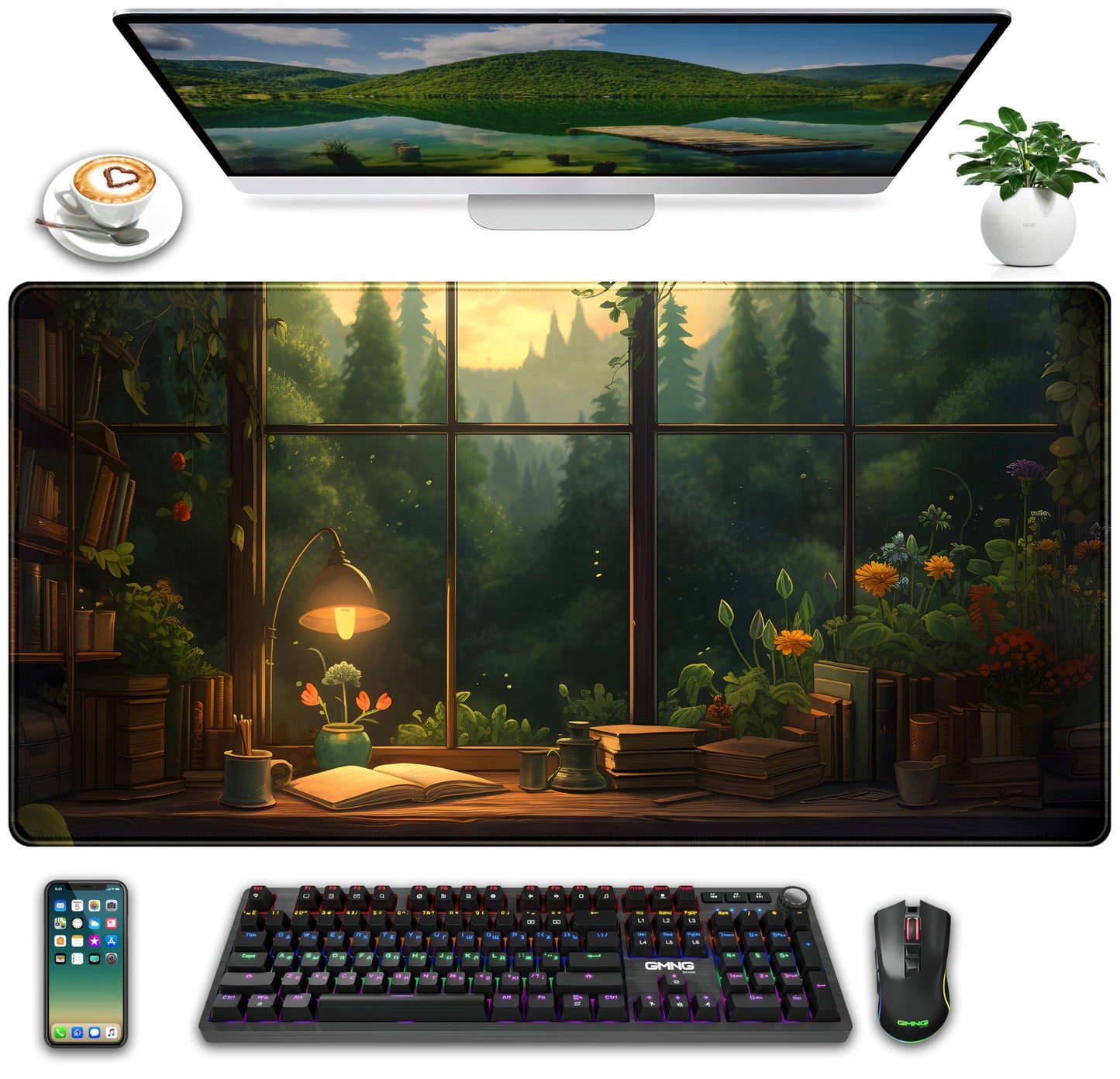 Anime Dark Green Plants Desk Mat Cute XXL Large Extended Mouse Pad Gaming, Lofi Aesthetic Computer Laptop Keyboard and Mouse Mat, Desk Accessories for Women Office Decor Mousepad, 31.5x15.75 in
