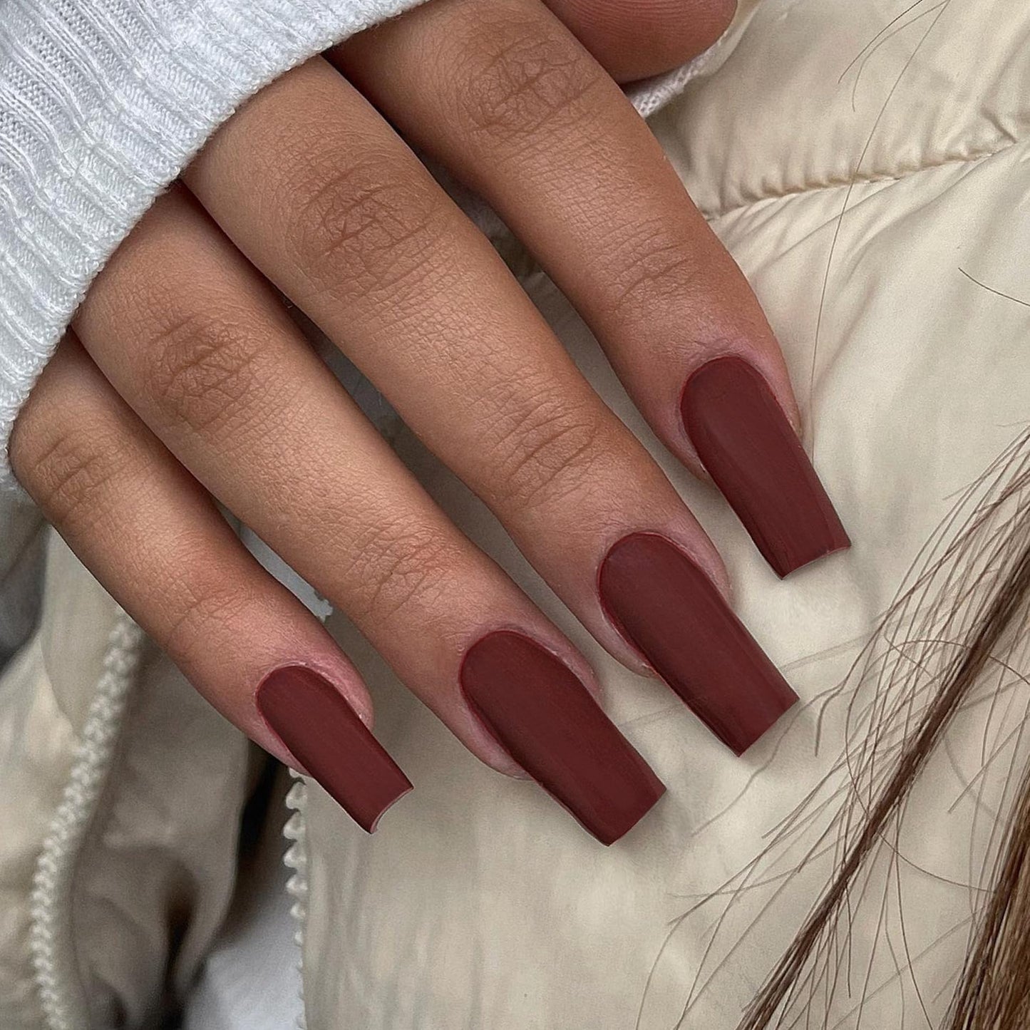 Matte Dark Red Press On Nails - Medium Long Square, Coffin Acrylic Press Ons - Glue On Medium Length, Solid Color Fake Cherry Red Thick Stick On Nails for Women