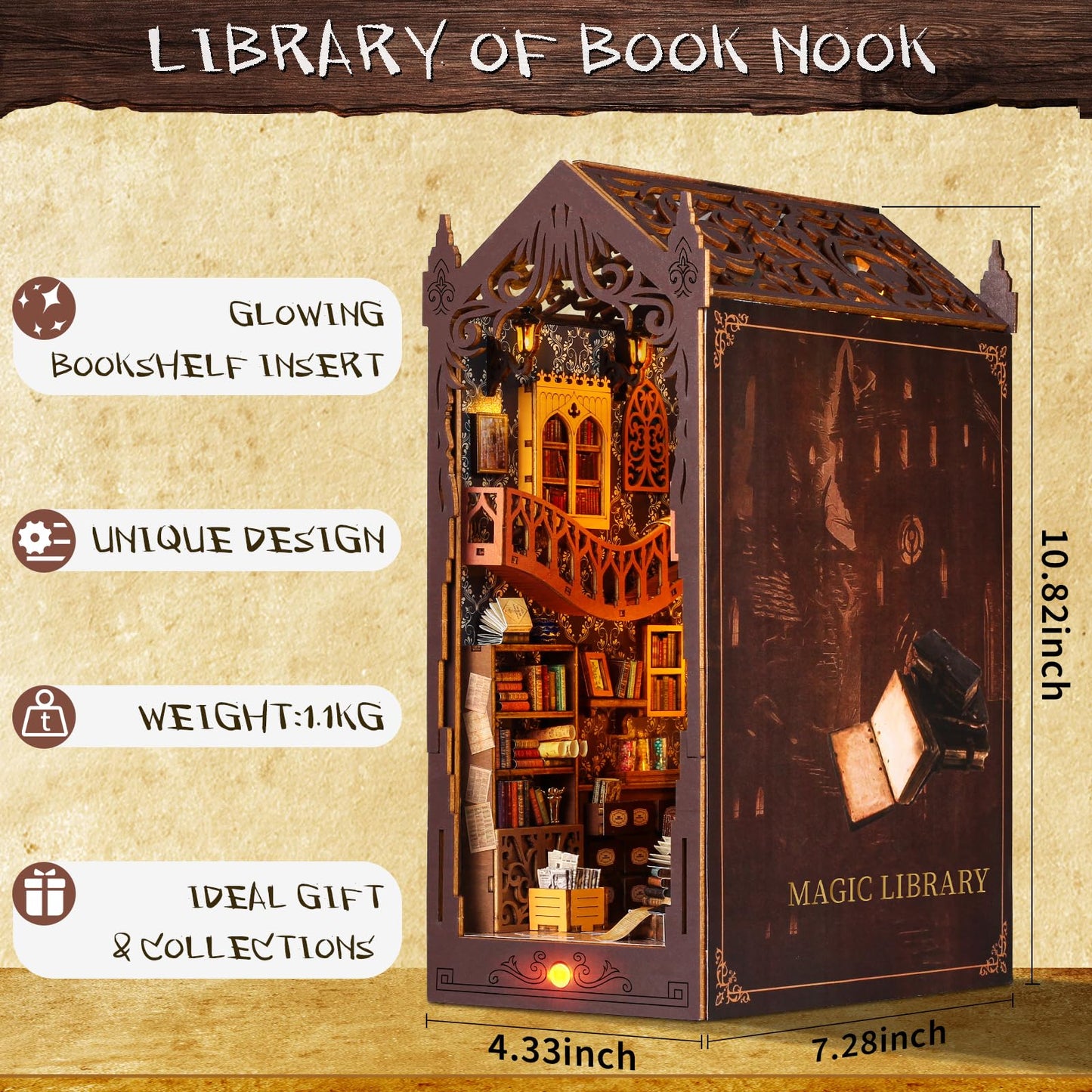 FASTSPOK DIY Book Nook Kit: 3D Wooden Puzzle Shelf Insert with LED Light - Miniature Dollhouse Bookend Decor for Adults and Teens - Creative Gift