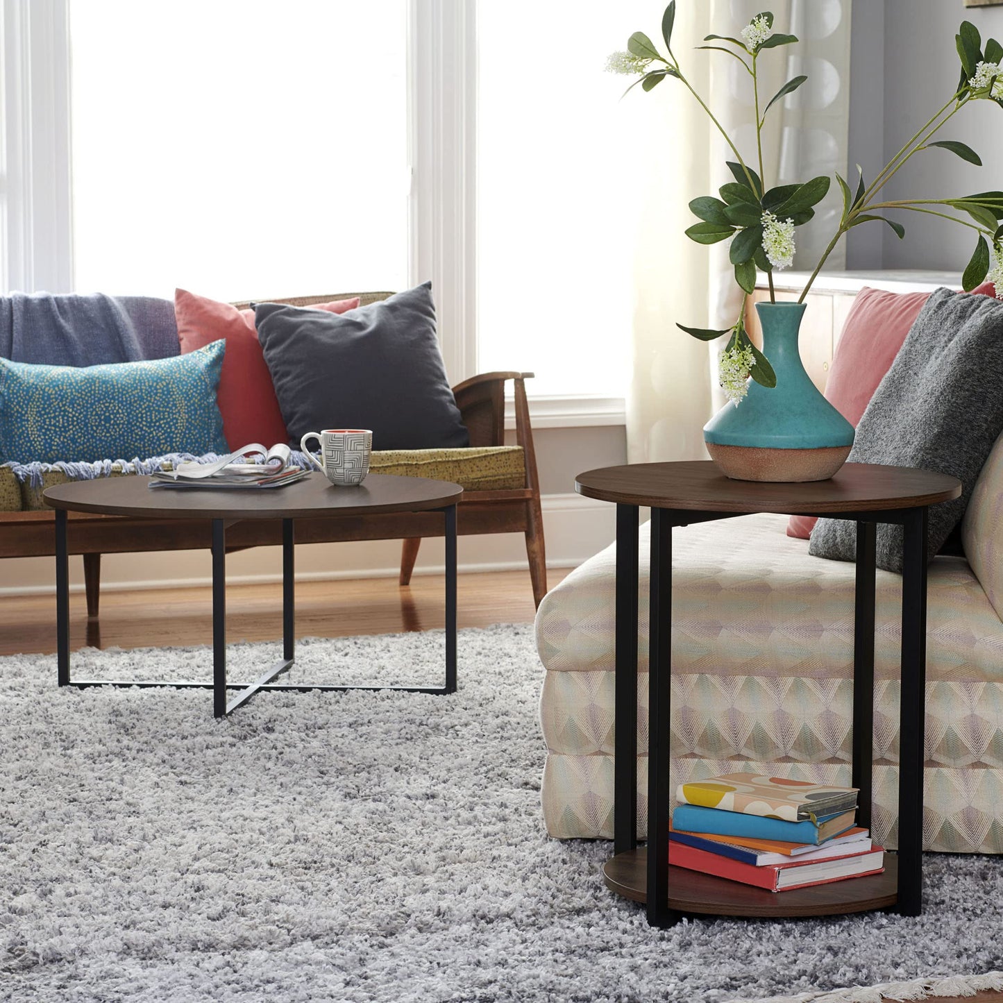 Household Essentials Jamestown Round Side End Table with Storage Shelf Mid Century Walnut Wood Grain and Black Metal