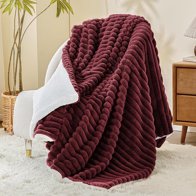 INFIIXSO Sherpa Throw Blanket for Couch - Super Soft & Warm Striped Fleece Blanket, Cozy Plush Fluffy Blanket All Season Use (Burgundy, 50x60 Inches)