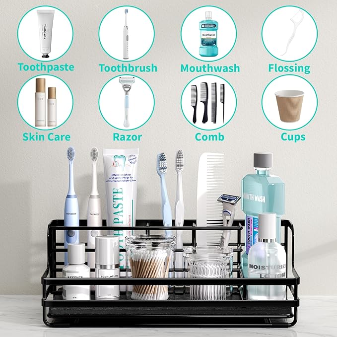 HapiRm Toothbrush Holders for Bathroom - 5 Partitions Bathroom Counter Organizer with Instant Drying Stone, Stainless Steel Countertop Storage Electric Toothbrush Toothpaste Holder - Black