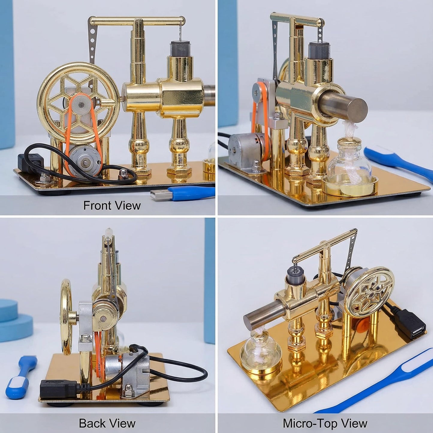 Hot Air Stirling Engine Motor Model,Stirling Engine Kit, Single-Cylinder Metal Stirling Engine External Combustion Engine Motor,DIY Hot Air Engine Gift of Air for Desktop EducationalToy (Gold)