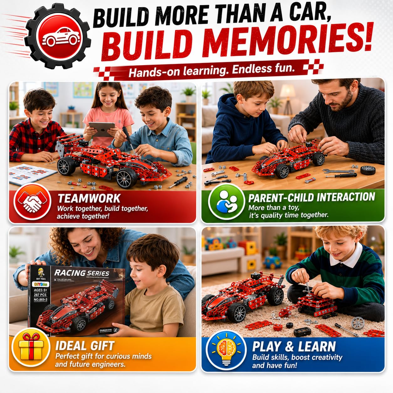 DIYBee Metal Model Car Kit, 287 Pcs Racing Car Building Kit for Boys 8-12, Build Your Own Car Kit with Real Tools, STEM Engineering Erector Set Gift for Kids Teens & Adults