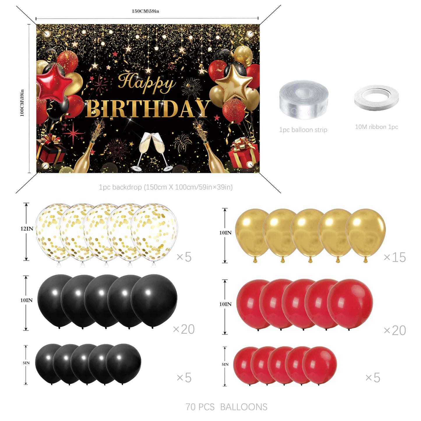 Red Birthday Party Decorations for Women,Balloon Aich kit,Black Gold Confetti Balloons,Happy Birthday Backdrop