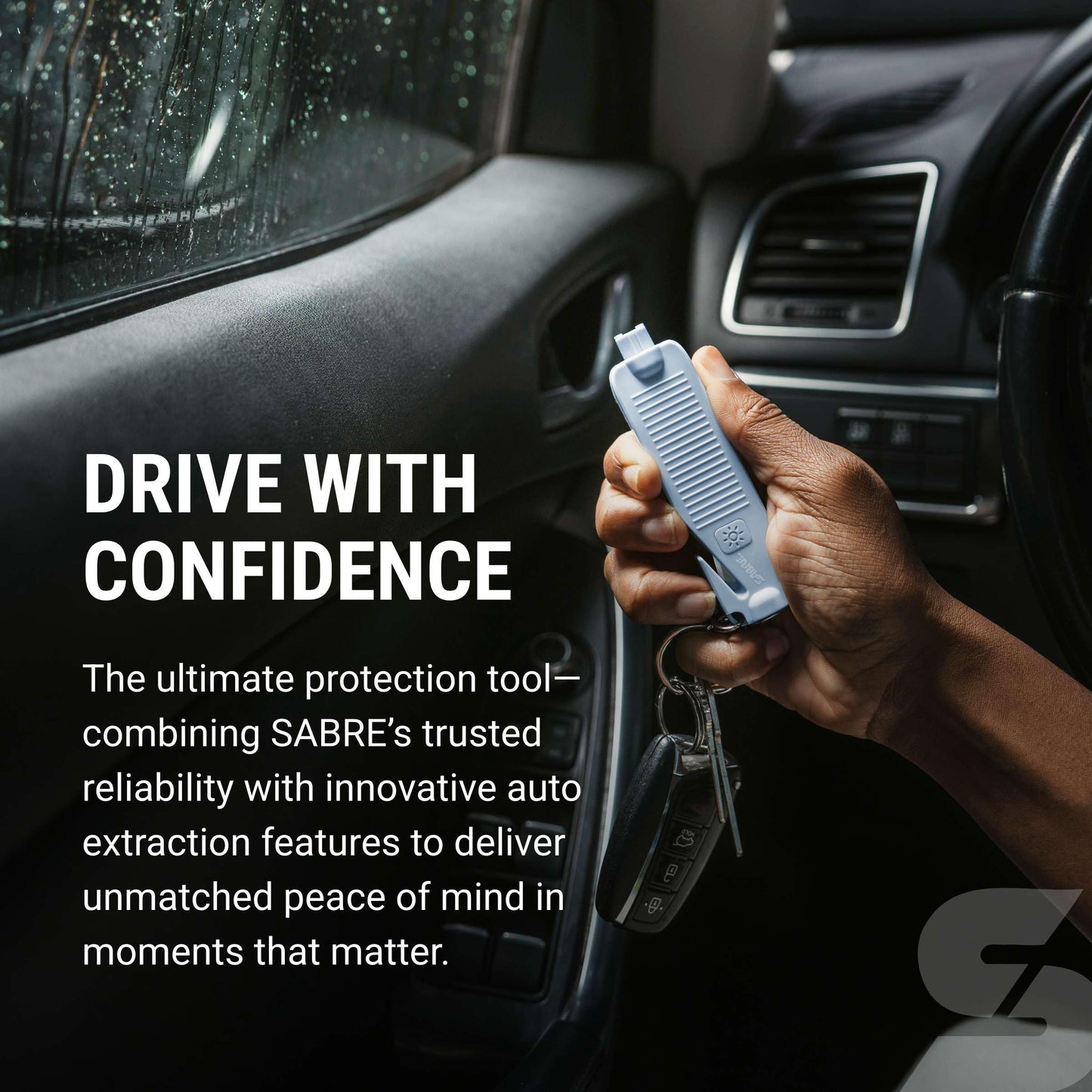Sabre Safe Escape™ 3-in-1 Car Escape Tool for Car Safety with Spring-Loaded Window Breaker, No Swing Required, Seat Belt Cutter, LED Flashlight, Compact Auto Safety Tool for Emergencies