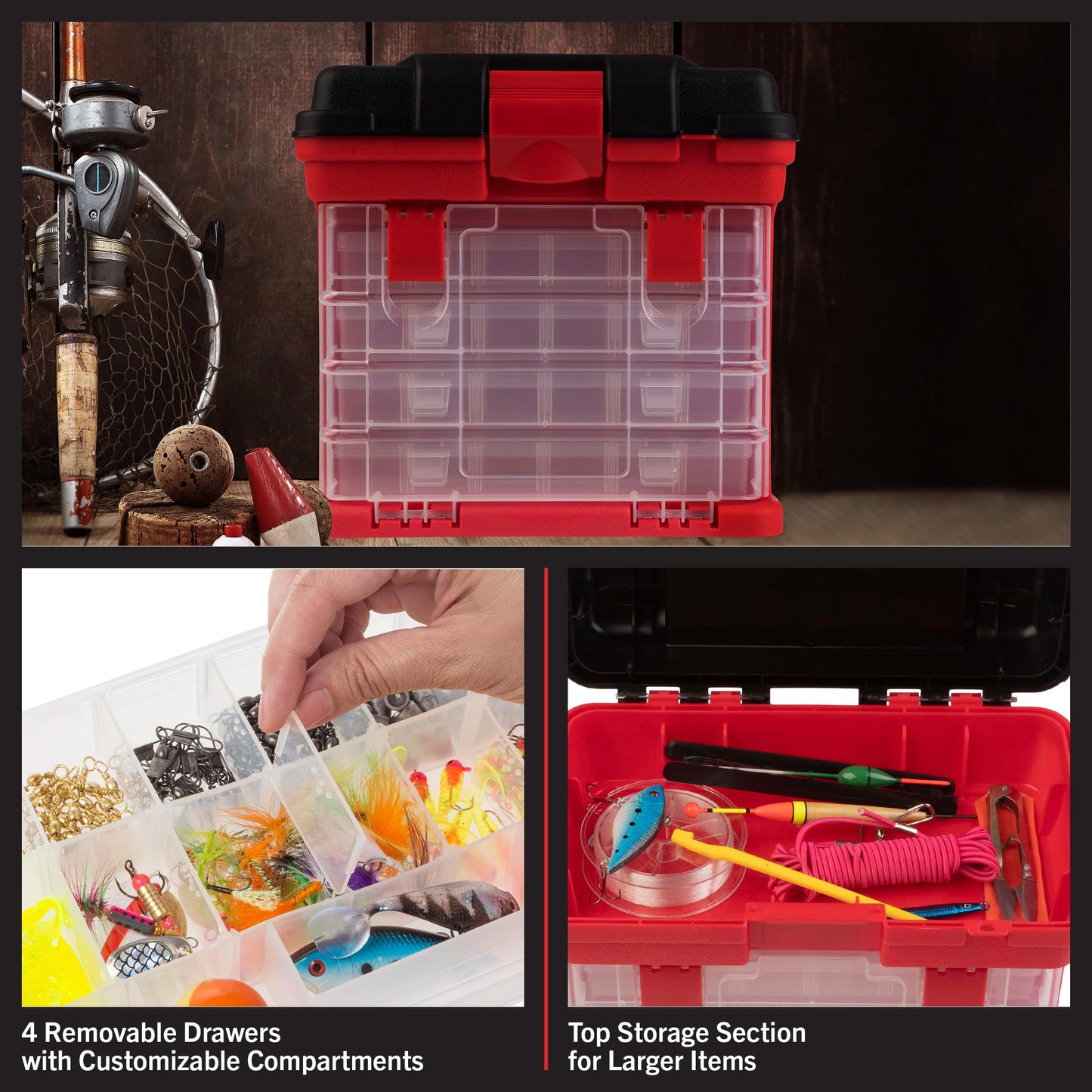Portable Tool Box - Small Parts Organizer with Drawers and Customizable Compartments for Hardware, Fishing Tackle, Beads, or Crafts by Stalwart (Red)