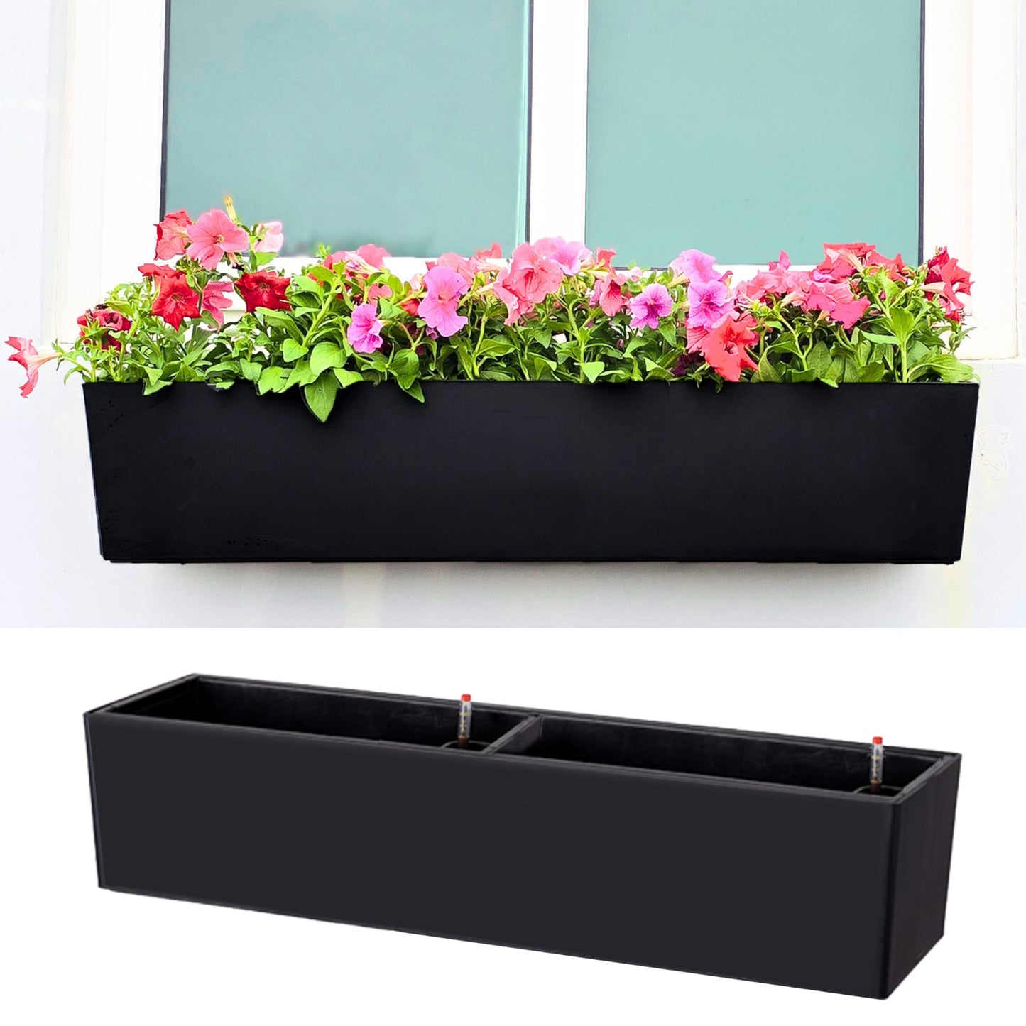 LaLaGreen Planter Boxes Outdoor (40 Inch, 1 Pack) Large Rectangular Self Watering System, Black Window Flower Boxes with Bracket Vertical Plant Container Wall Mount Indoor Succulent Herb Garden Home