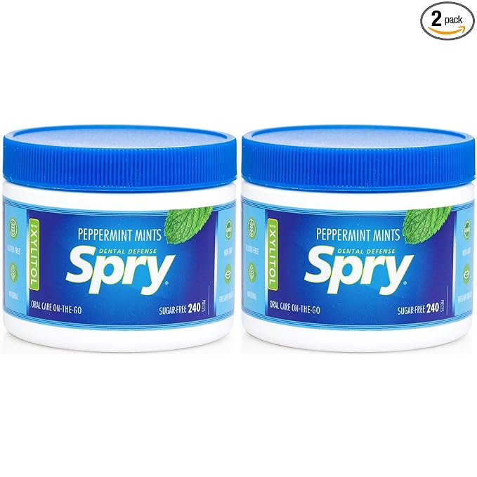 Spry Xylitol Peppermint Mints Sugar Free Candy - Promote Oral Health, Increase Saliva Production, Stop Bad Breath, Non-GMO, Gluten-Free, 240 Count (Pack of 2)