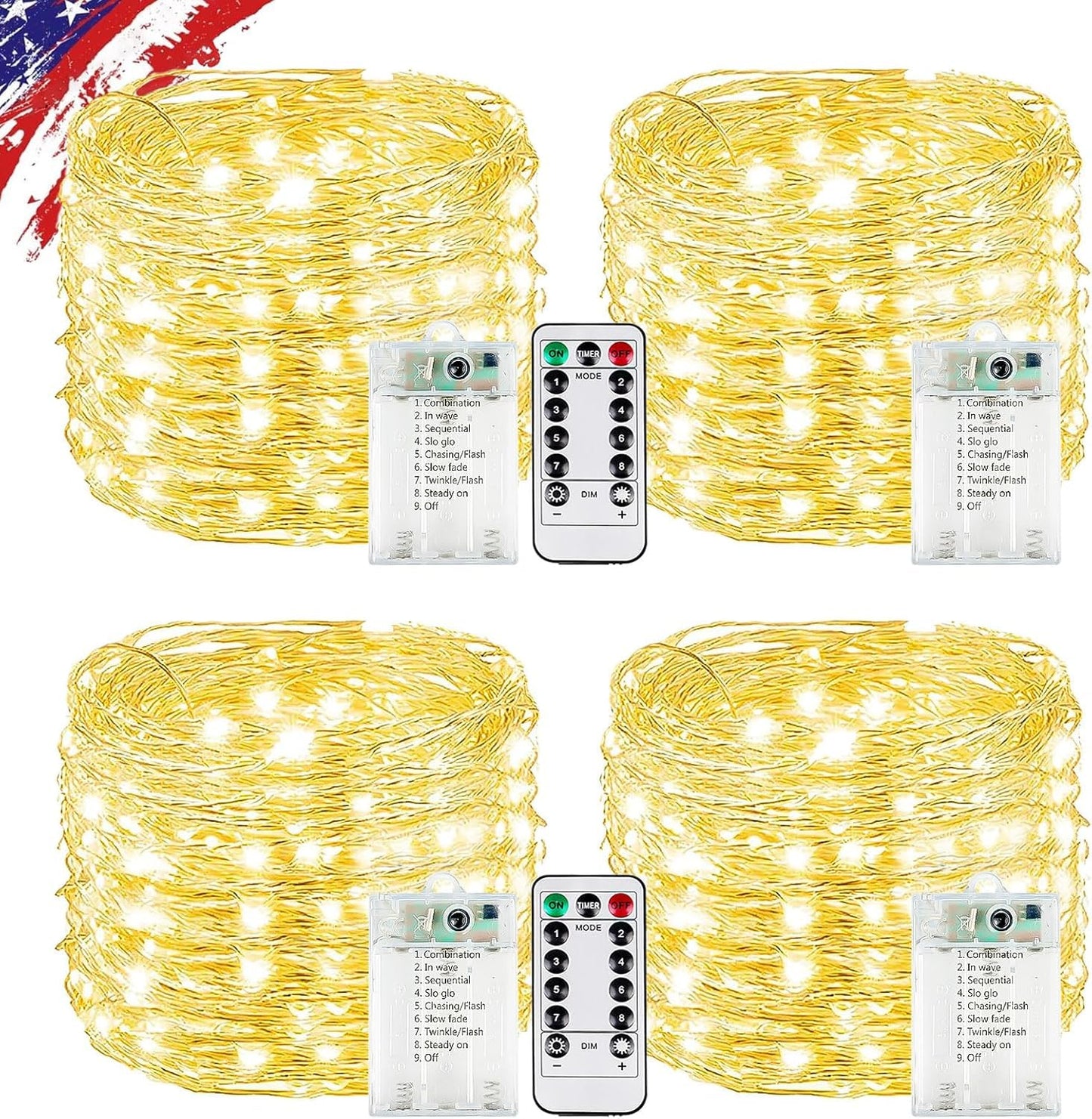 4Pack 80FT 240LED Fairy Lights Battery Operated with Remote & Timer | 8 Modes Twinkle String Lights Battery Powered Indoor Outdoor Waterproof for Bedroom Wedding Classroom Christmas Décor, Warm White