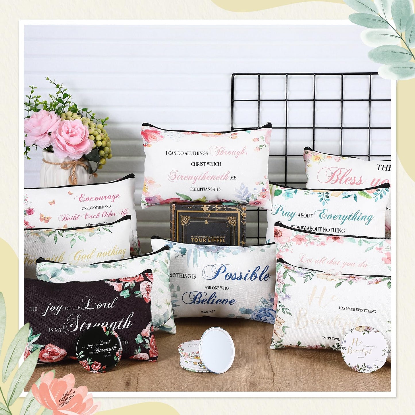 Abbylike 40 Pcs Christian Gift for Women Include 20 Bible Verse Makeup Bags 20 Christian Compact Mirrors Inspirational Religious Scripture Gift for Mom Sister Birthday Christmas(Flower Style)