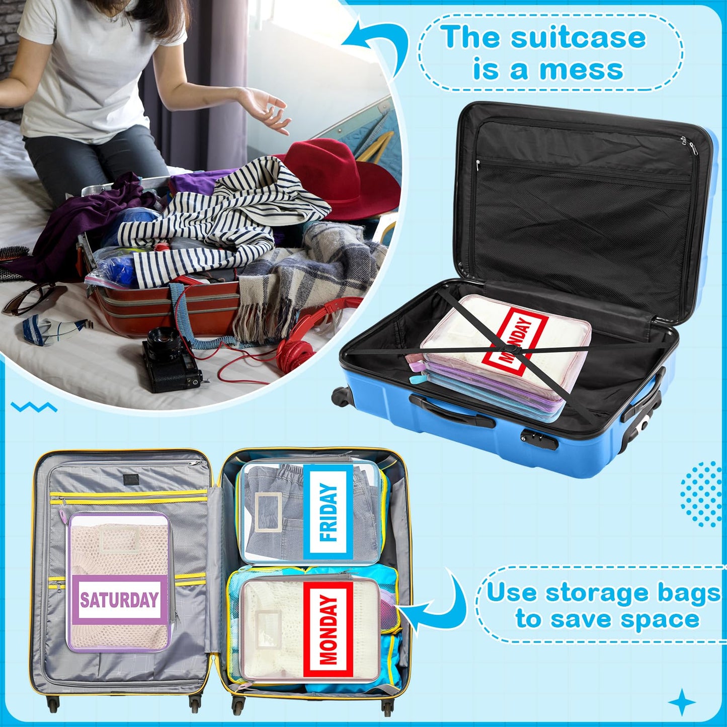 Honoson 14 Pack Packing Cubes for Travel Days of Week Packing Cubes with Labels Clear Zippered Storage Bag for Travel Summer Camp Essentials