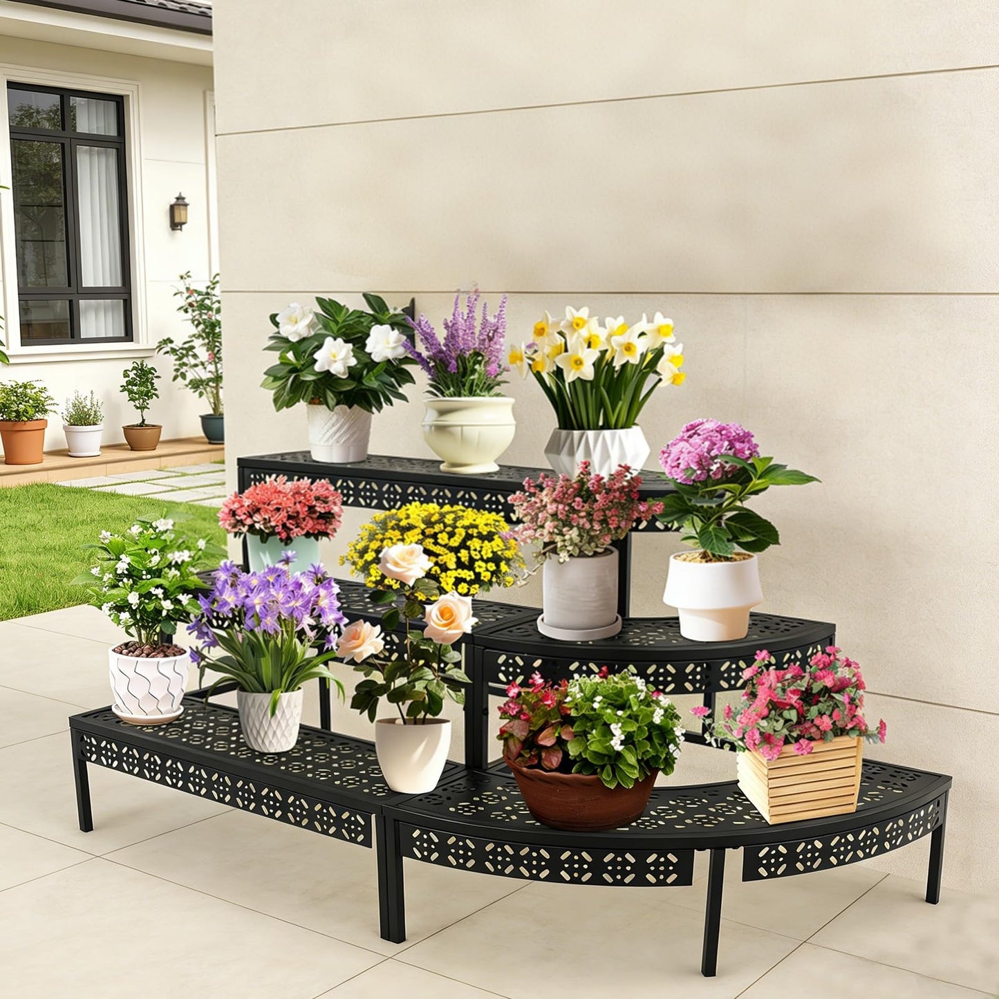 TrueyEssence 3 Tier Metal Plant Stand, Ladder Flower Pot Holder Corner Step Storage Display Rack for Garden Patio Balcony Indoor/Outdoor Black