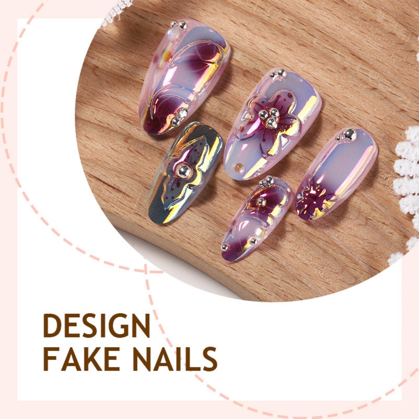 Almond Press on Nails Medium Fake Nails Purple Acrylic Nail Press ons SEENEEY Pink Floral and Silver Charm Designs Rhinestones Stick on Nail for Women 24pcs