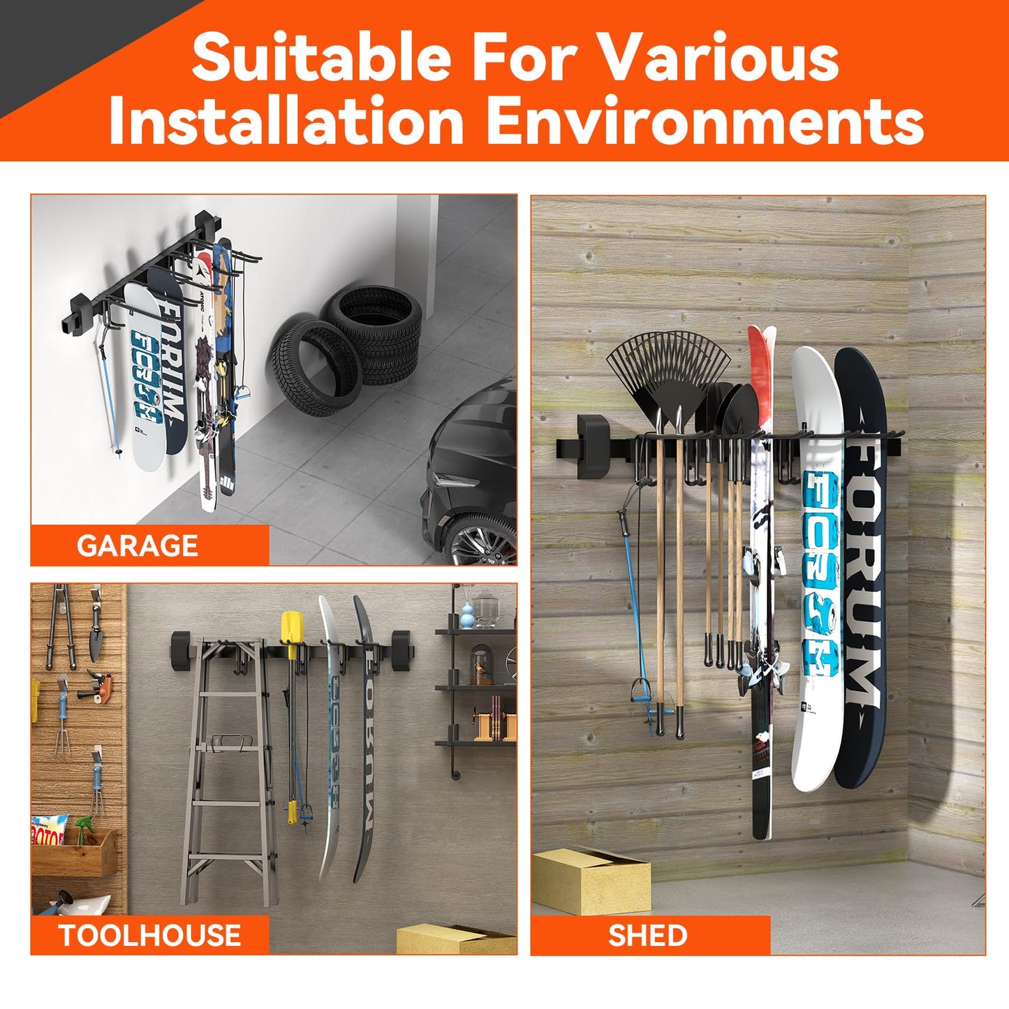 Tdrynl 32" Ski & Snowboard Wall Rack – Heavy-Duty Wall Mounted Ski Storage for Garage, Holds 10 Pairs with 5 Adjustable Hooks, 300lbs Capacity, Non-Slip Rubber, Easy Install | Ski Holders for Wall