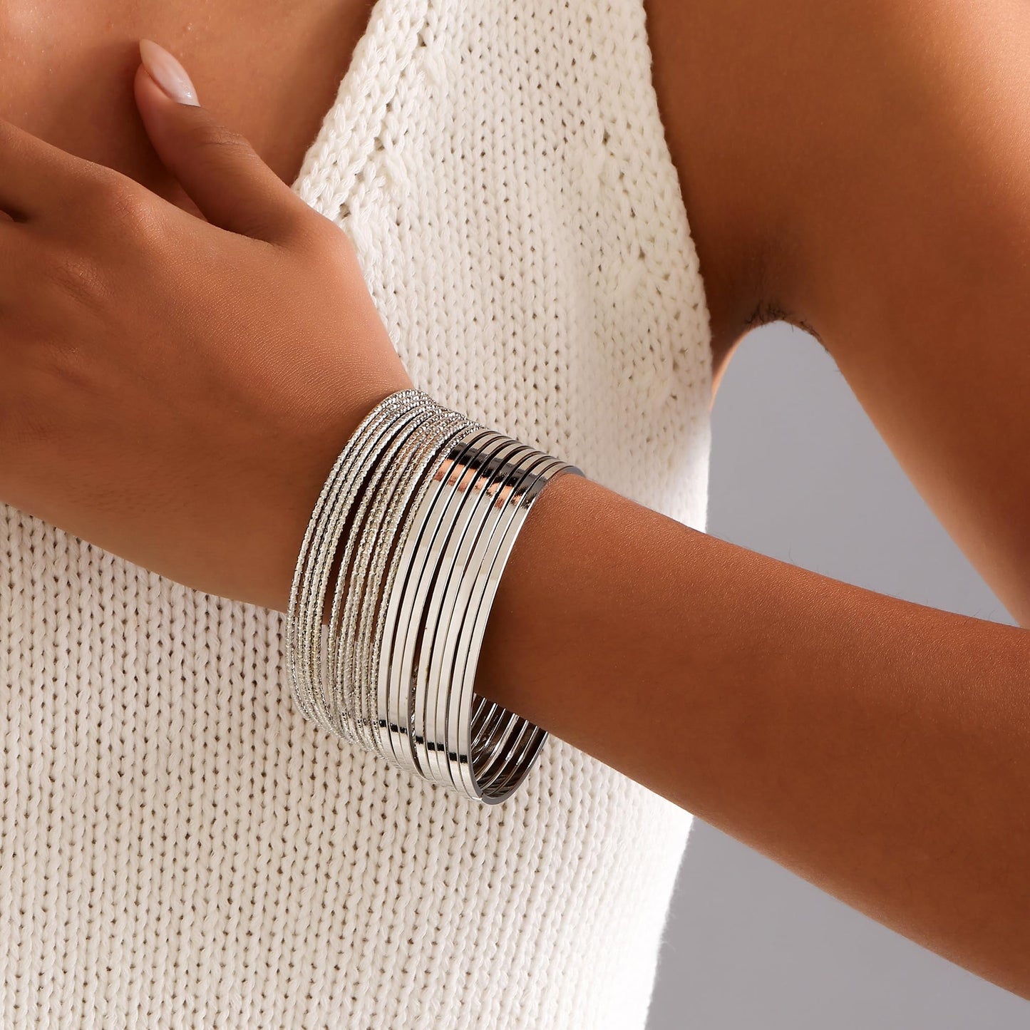 AYWFCBF Silver Bracelets for Women, 20 Pcs Boho Stackable Bangles Multi Layer Textured Chunky Bracelets Jewelry Set for Women
