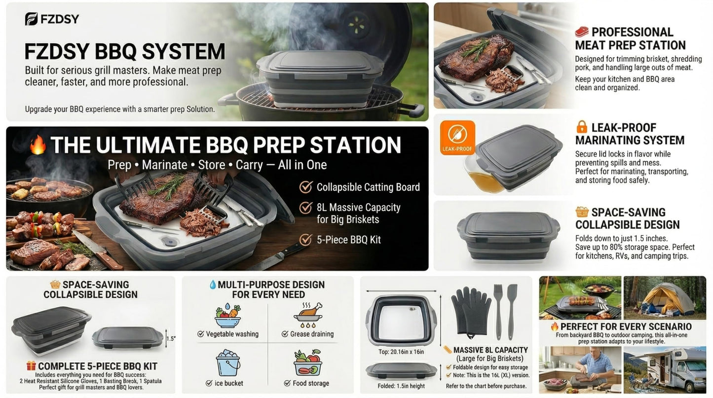 Collapsible BBQ Prep Tub with Lid & Cutting Board 8L - Meat Marinating Basin & Grill Carry System - 5pc Set with Heat Resistant Gloves, Basting Brush & Spatula(Black, Large, 8L)
