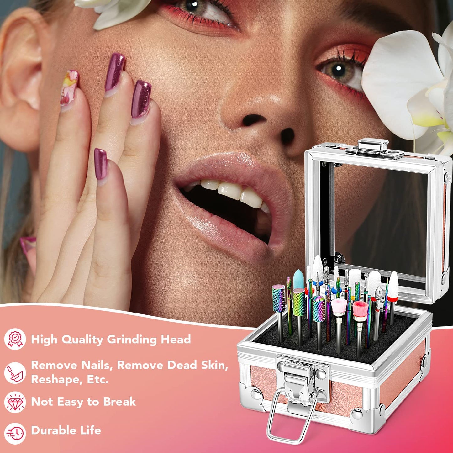 Onism 25Pcs Nail Drill Bits Set with 75Pcs Sanding Bands (80#/120#/180#), High-Precision Tungsten Carbide & Ceramic Efile Bits for Acrylic Gel Removal, Cuticle Care Kit with Organizer Box,Pink