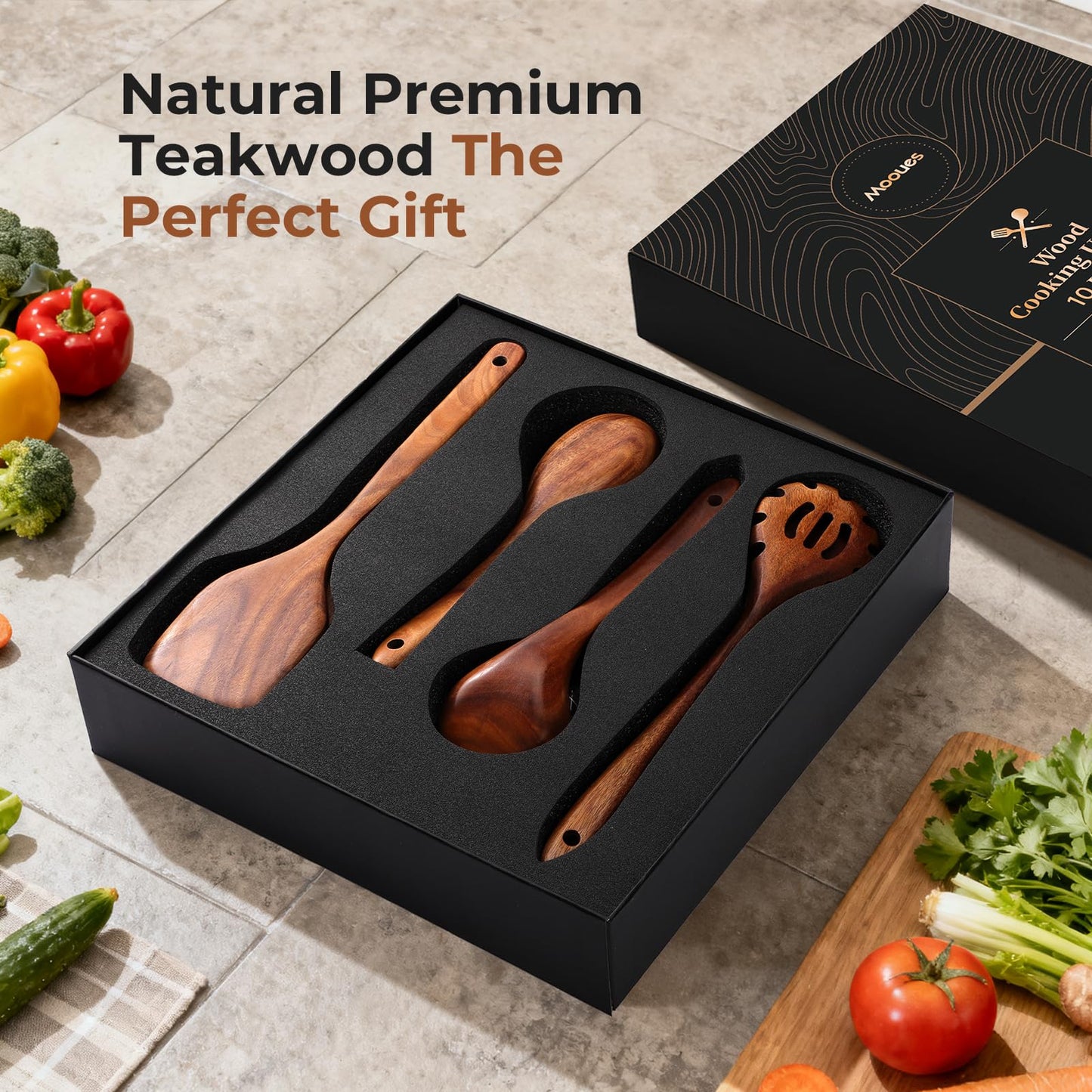 Wooden Spoons for Cooking, 10 PCS Teak Wood Cookware Utensil Set with Hooks - Smooth Finish, Non-Stick, Comfortable Grip, Heat Resistant Kitchen Utensils Gift Box