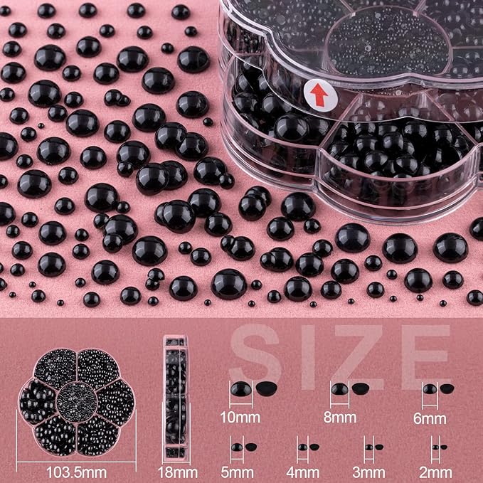 Nail Art Flat Back Half Round Pearl Kits 9, 1 Box of 6000 Pcs Flat-Back Black Pearl with Tweezer and Picker Pencil for Home DIY Nails Body Face Craft and Salon Use