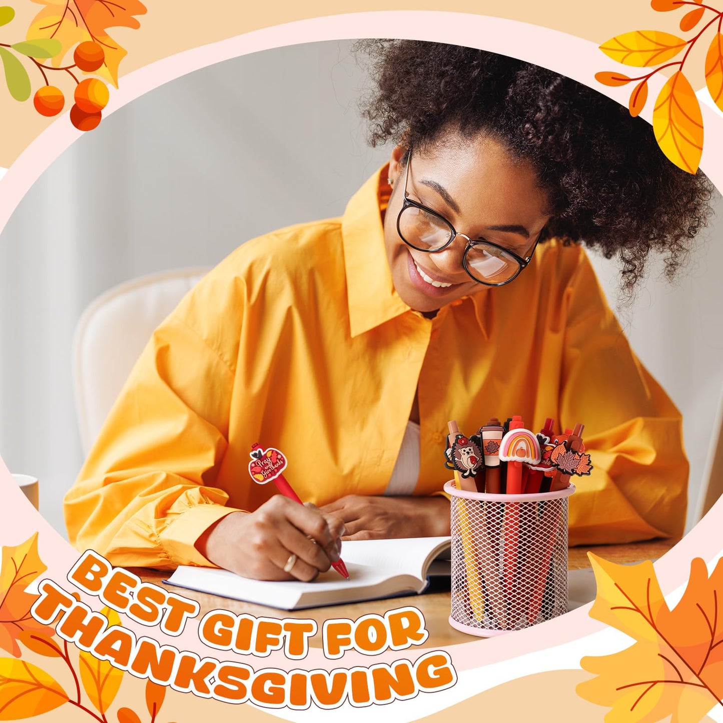 Engrowtic 24 Pcs Thanksgiving Day Gift Thanksgiving Cards with Pens Cute Cartoon Retractable Black Ink Pens Fall Greeting Card for Fall Party Favor Office School Supplies