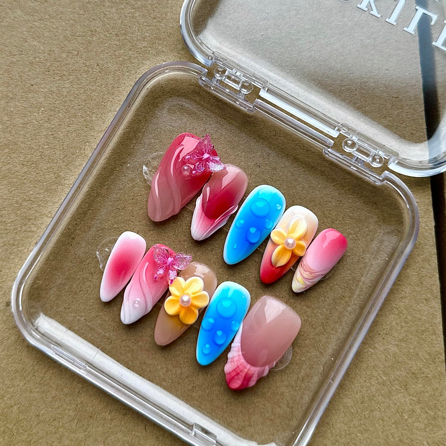Luxury Press on Nails Medium Almond Handmade 3D Unique Reusable ABS Material Fake Nails Pink&Blue False Nails with Designs Butterfly Yellow Flower Art Petal Glossy Glue on Thick Acrylic Nails(M)