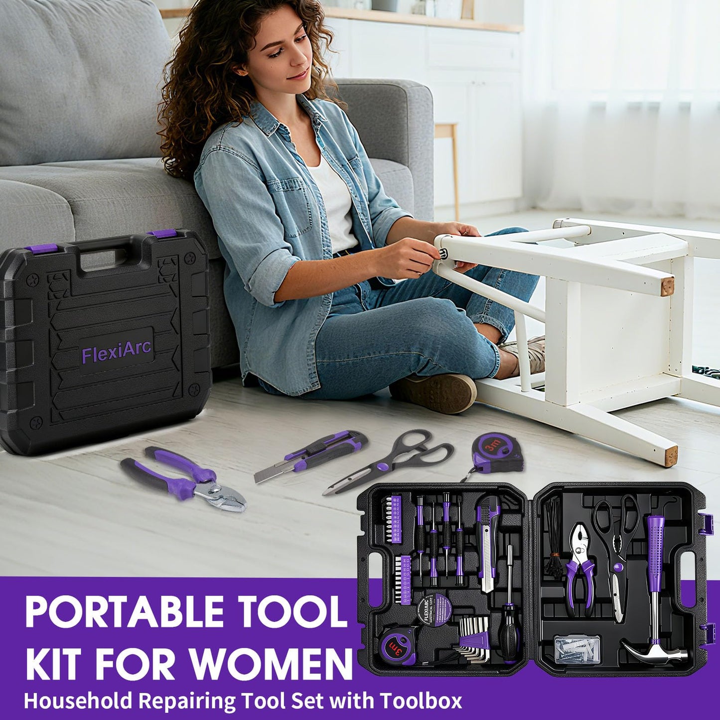 FlexiArc General Household Tool Set - Purple Hand Tool Kit with Waist Pouch & Gloves, Tool Kit for Women Everyday Home Repairs, DIY and Crafts, 112 pcs