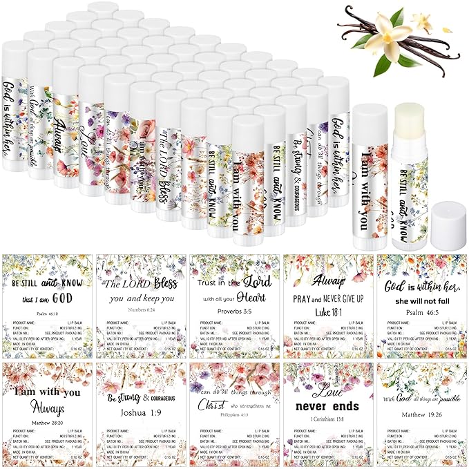 50 Pack Christian Religious Gifts Bulk Lip Balms for Women Men Church Party Favors Bulk Bible Verse Lip Balm with Scripture Inspirational Gifts for Coworkers Staff Employee (Wildflower)