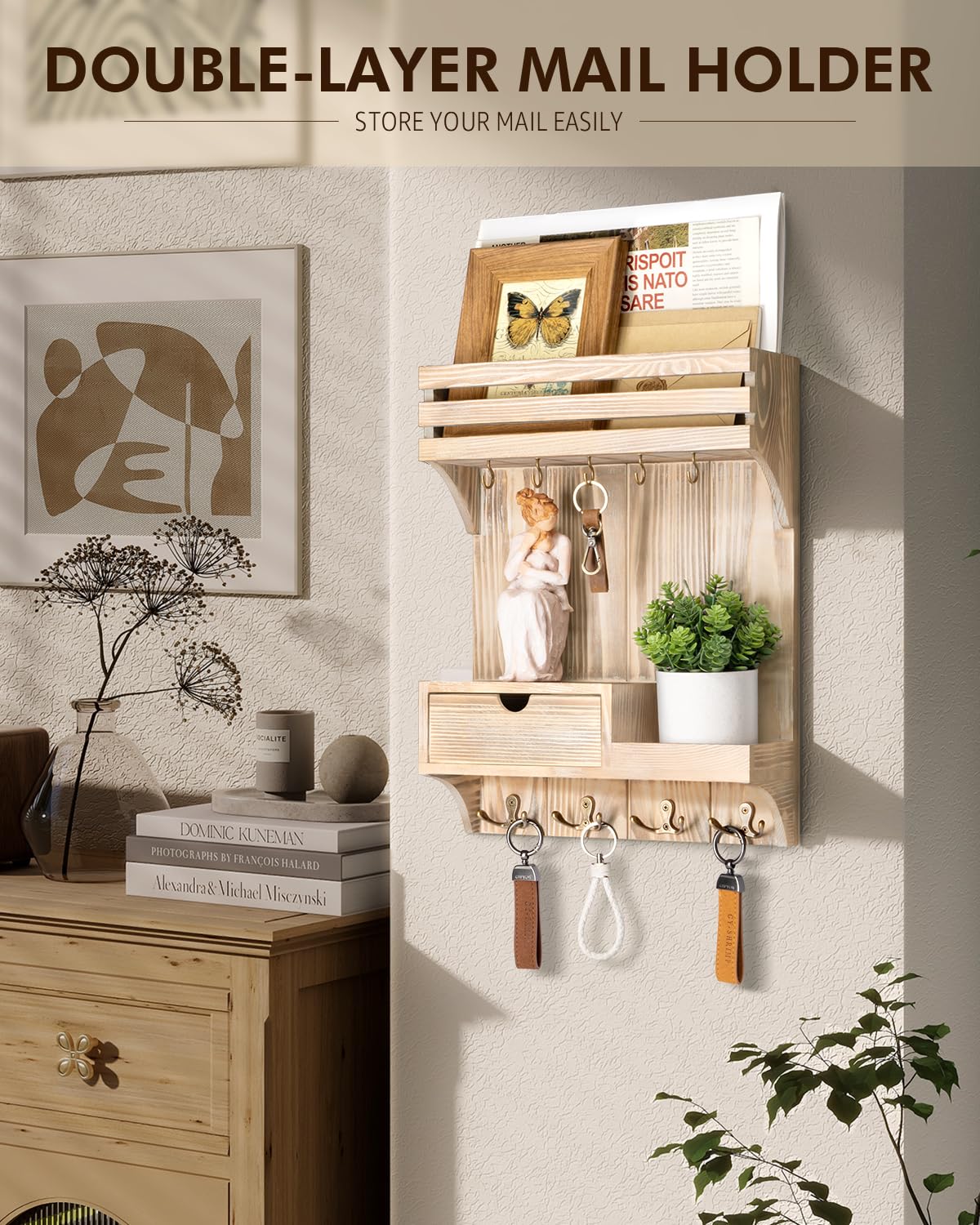 Rebee Vision Decorative Key Holder Wall Mount with Mini Drawer Organizer - Farmhouse Key Holder for Wall with Mail Organizer & 9 Key Hooks - Ideal Room Decor Aesthetic (Natural Wood)