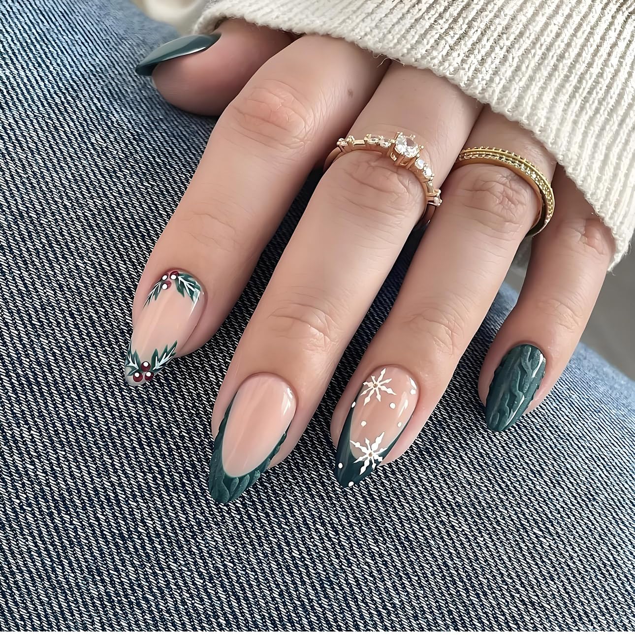 LPOODDNU Christmas Press on Nails Almond - Green French Tip Medium Fake Nails with Snowflake Designs, Glossy Finished Reusable False Nails with Adhesive Glue Tabs - 24Pcs Nail Kit for Women Manicure