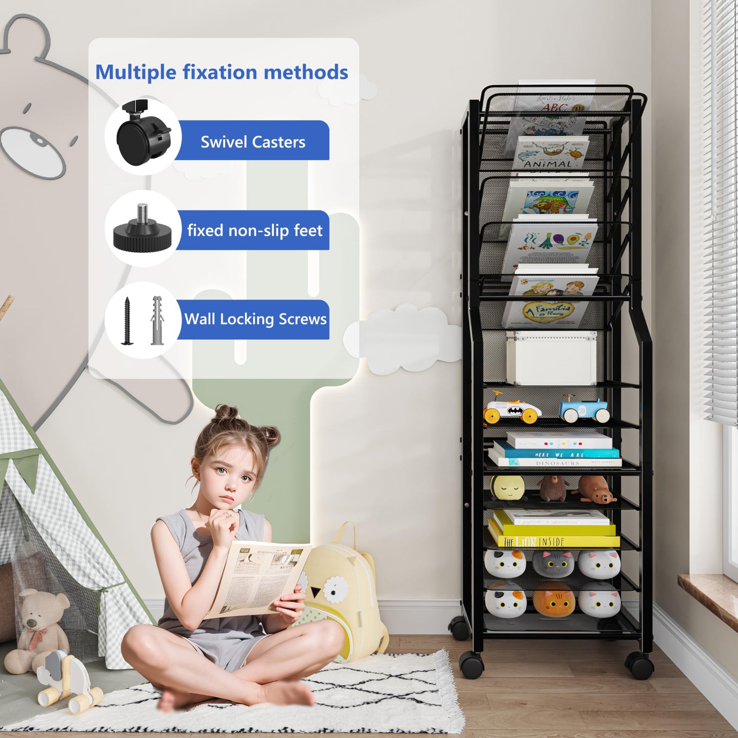 Simple Trending 12 Tier Rolling File Cart, Desk File Organizer with Sliding Trays and Metal Mesh Paper Letter Storage Multi Functional Rolling Clutter Cart for Office, Home, School, Black