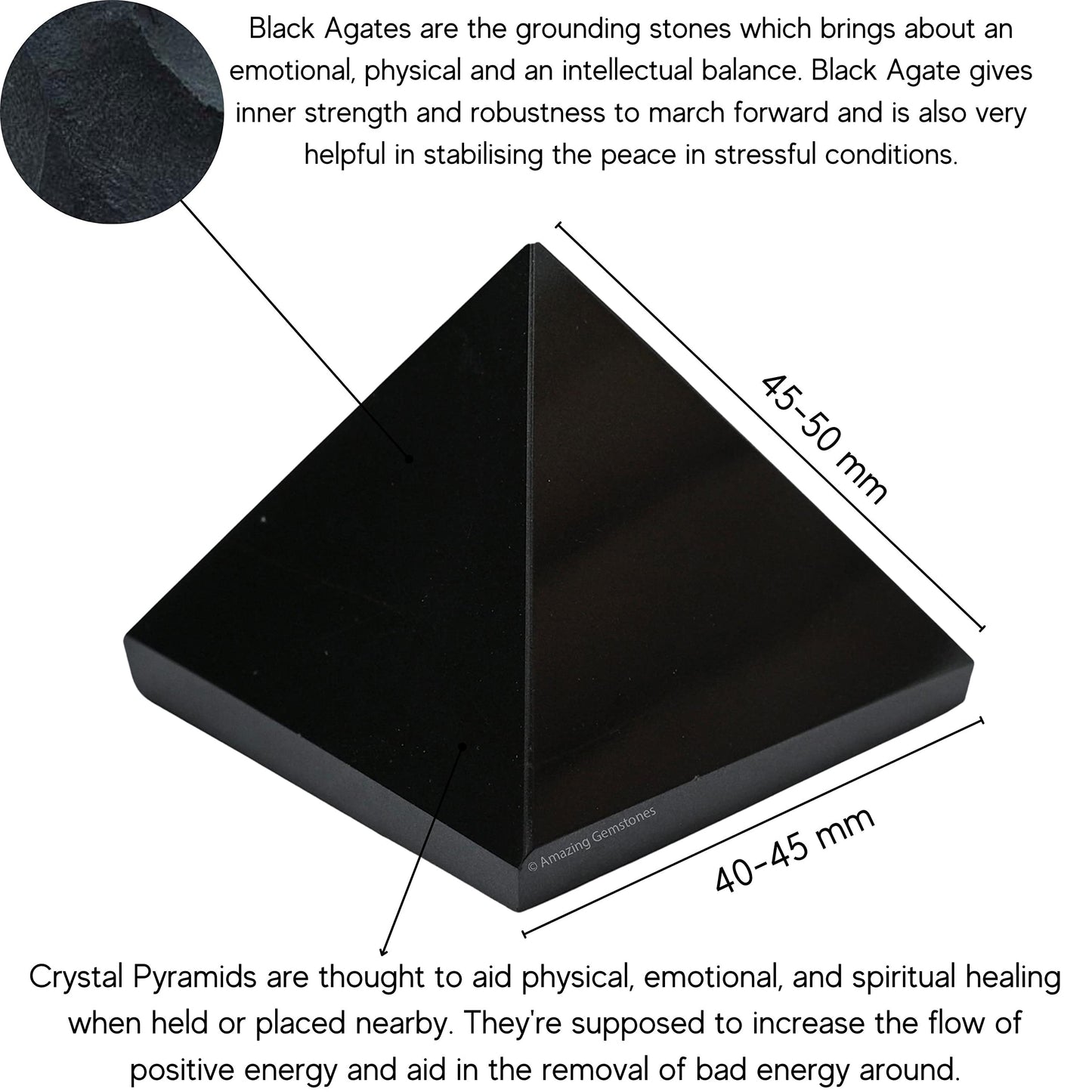 Amazing Gemstone Black Agate Pyramid Crystal Healing Stones - 2" Great Pyramid Figurine of Natural Stone Pyramid for Meditation, Reiki, Chakra Balancing and Crystal Pyramids Grid