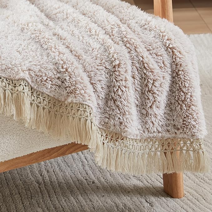 EMME Fuzzy Blanket Soft Fleece Throw Blankets for Women, Fluffy Sherpa Throws((Tassel Khaki,60"x80")