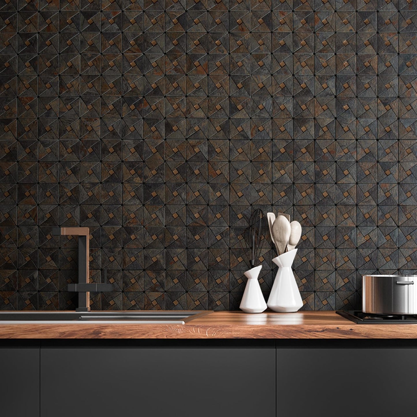 DICOFUN 10-Sheet Rustic Slate Look Peel and Stick Backsplash Tile, Mixed Glass Self-Adhesive Mosaic Tiles, Stainless Steel Stick on Wall Tiles for Kitchen and Bathroom Backspalsh, Mirror Decor